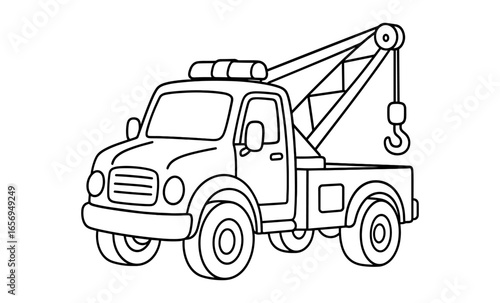 Outline drawing of tow truck with boom and hook displayed side view for kids coloring book