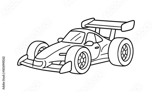 Black and white race car outlined for kids coloring with spoiler and large wheels
