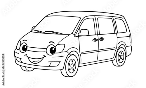 Cute cartoon minivan with smiling face outline for coloring pages and kids activities