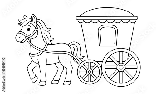Cute cartoon horse pulling a carriage for coloring activities