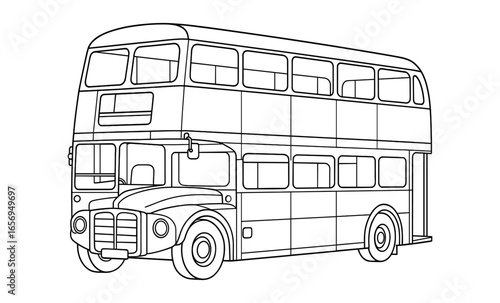 Outline art of classic double decker bus in linear style