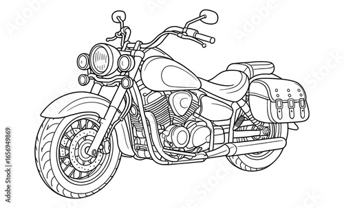 Detailed outline of classic cruiser motorcycle for coloring