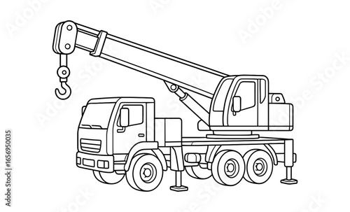 Detailed construction crane line art illustration for coloring and design projects