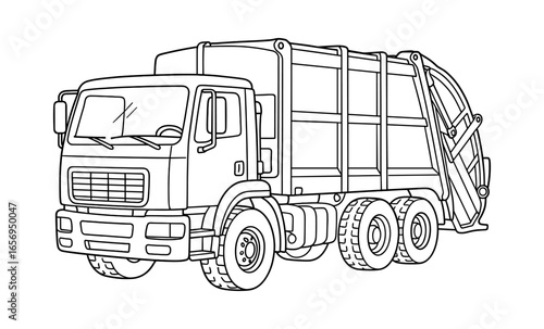 Outline drawing of a garbage truck for coloring and educational use