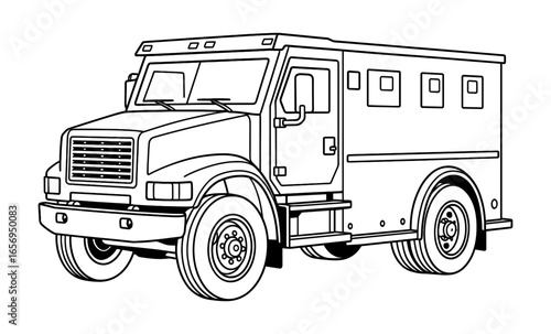 Detailed black and white armored truck drawing with bold outlines