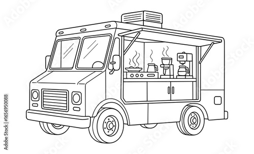Line art outline of coffee and food truck with open window and kitchen equipment