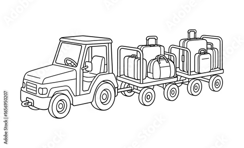 Airport baggage tractor with luggage carts in linear style