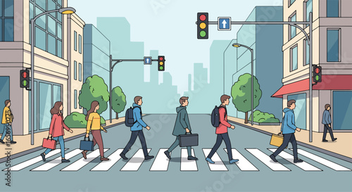 A vibrant, flat-style illustration depicts a city street scene with pedestrians crossing at a zebra crossing under traffic lights