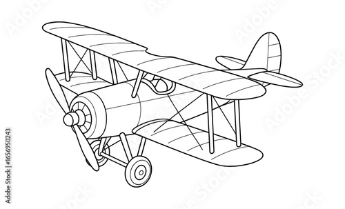 Vintage biplane line drawing with detailed wings and propellers