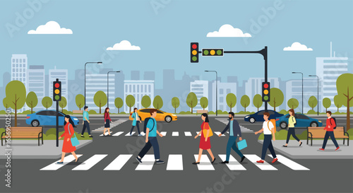 A vibrant, flat-style illustration depicts a city street scene with pedestrians crossing at a zebra crossing under traffic lights