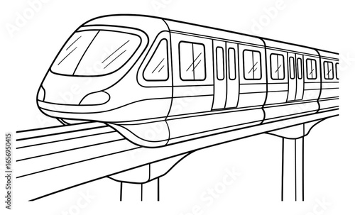Black and white outline of a modern monorail train on elevated tracks