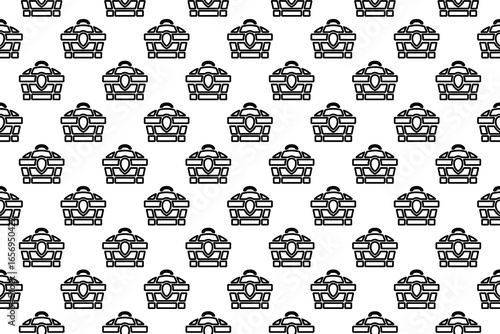 Seamless pattern completely filled with outlines of treasure chest symbols. Elements are evenly spaced. Illustration on transparent background