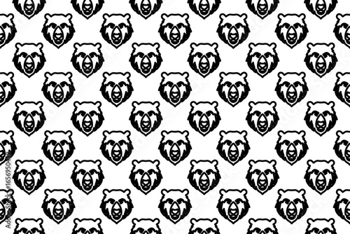 Seamless pattern completely filled with outlines of bear head icons. Elements are evenly spaced. Illustration on transparent background