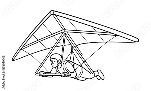Black and white line art of hang glider in flight