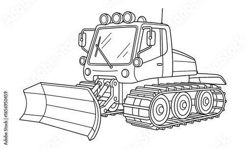 Snow groomer with tracks and blade in outline style for winter terrain