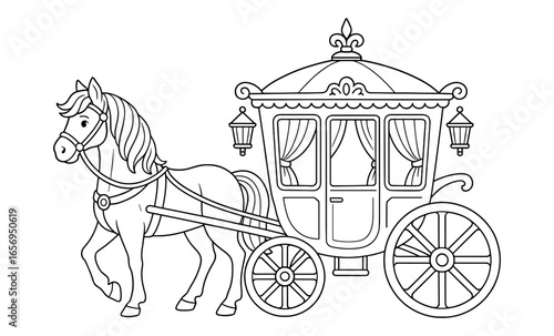 Vintage horse-drawn carriage line art with elegant details for coloring
