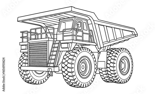 Line art of heavy duty dump truck with detailed wheels and cab design