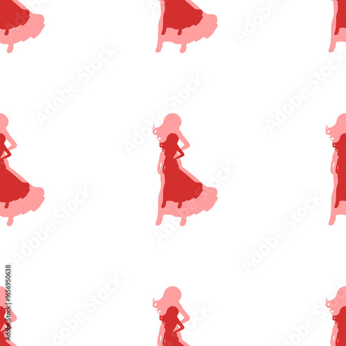 Seamless pattern of large isolated red lady symbols. The elements are evenly spaced. Illustration on light red background