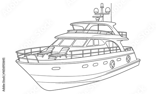 Luxury yacht line art design featuring deck loungers