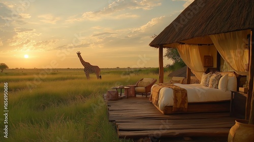 Luxurious safari tent with outdoor bed overlooking a giraffe in a golden savannah landscape.