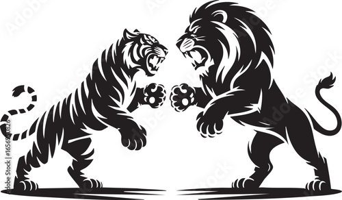 Fierce Tiger And Lion Facing Off In Black And White Illustration