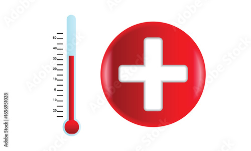 Red medical cross with thermometer icon for healthcare and hospital services