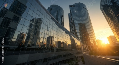 Futuristic City Towers with Reflective Glass Facades and Sun Flare in Business District