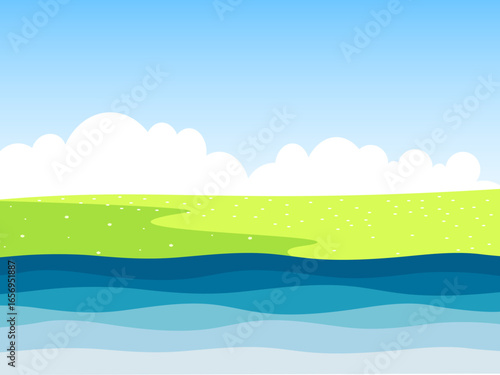 Sea or ocean coastline. Wavy water lines with green fields landscape background. Vector illustration.