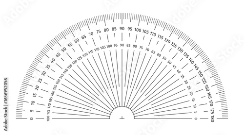 Protractor ruler on transparent background. Protractor for drafting, degree measuring, and tilt angle meter tool. Protractor ruler with 180 degrees. Vector