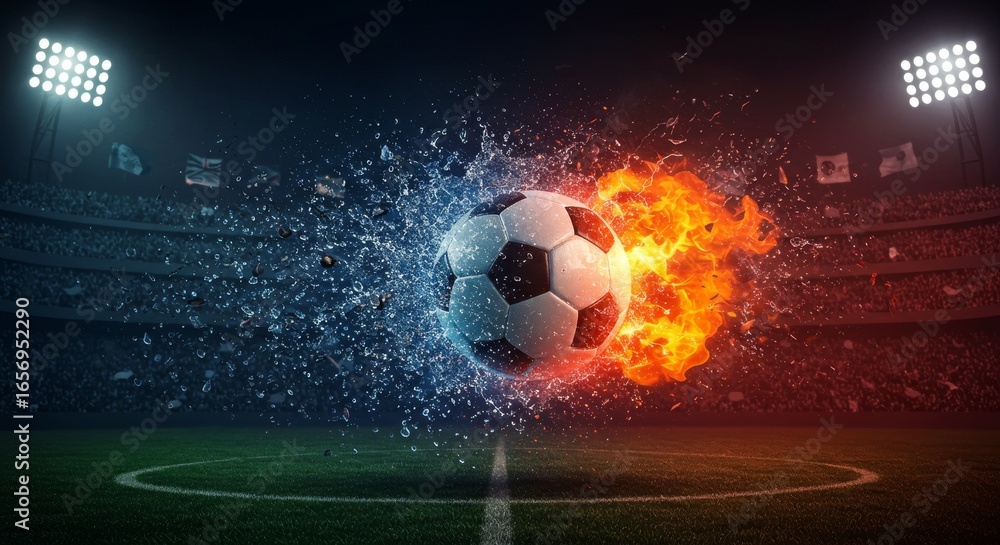 Fototapeta premium Football Ball with Fiery Flames and Water Splash Clash Epic Soccer Stadium Fantasy with Lightning Energy