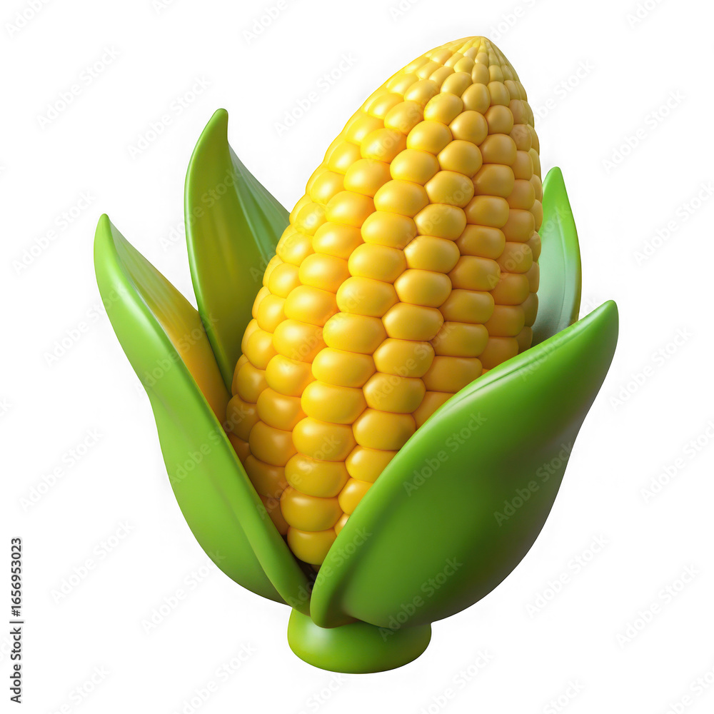 Obraz premium Photorealistic 3d render of a single ear of corn with vibrant green husks against a black backdrop