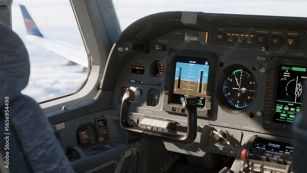 Naklejka premium A view of an airplane cockpit. Pilots use the cockpit to navigate, communicate with air traffic control, monitor aircraft systems, and ultimately, control the plane's movement from takeoff to landing.