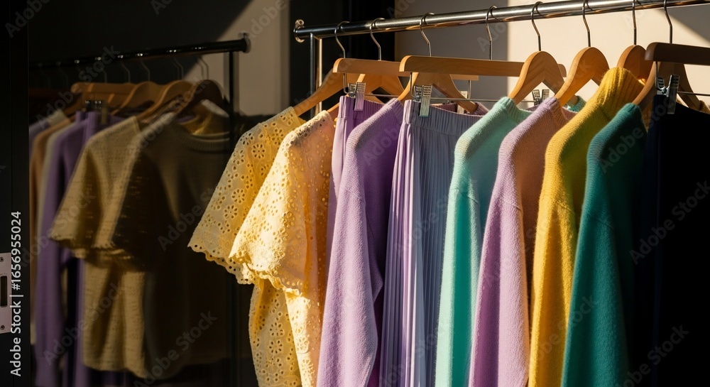 Fototapeta premium Pastel Clothing Displayed on Wooden Hangers, Illuminated by Sunlight, Fashionable Apparel.