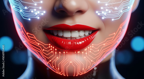 Closeup of a woman's face with digital circuit patterns, representing artificial intelligence, future technology, and the fusion of human and machine