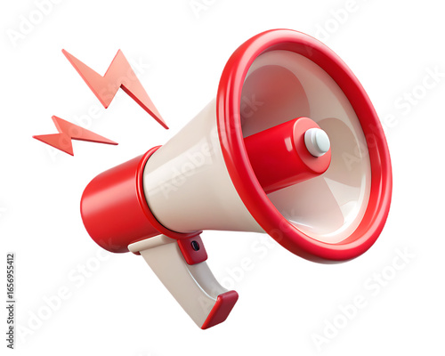 3D Red and png White Megaphone with Red Lightning Bolts on Transparent Background bullhorn announcement