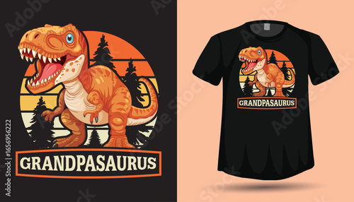 Grandpasaurus – Cute Roaring T‑Rex Grandpa Dinosaur Retro Sunset Vector T‑Shirt Design
