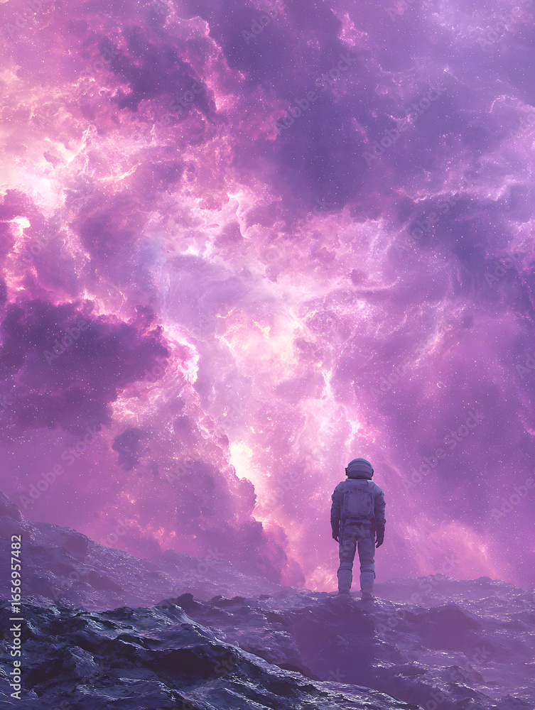 Fototapeta premium Astronaut Contemplating a Vibrant Nebula in Space