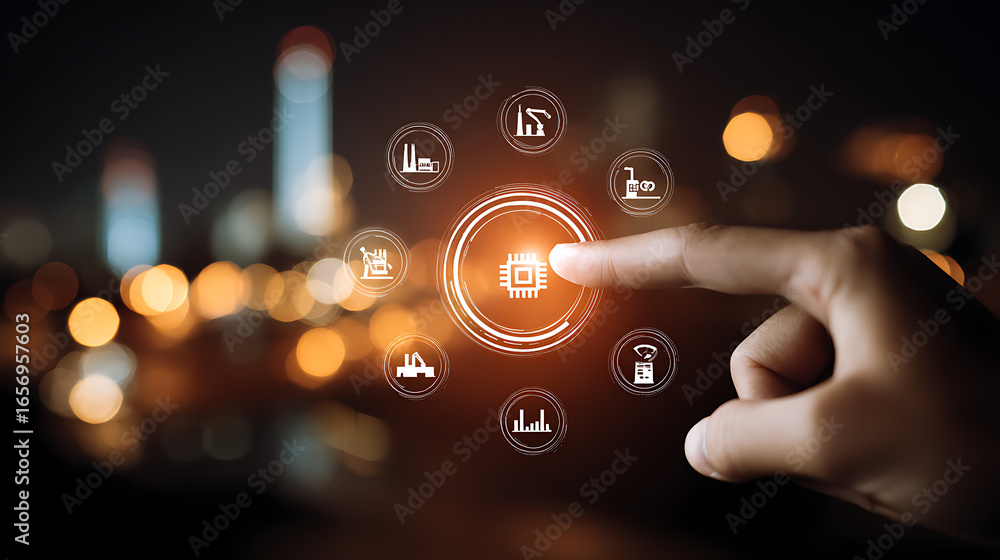 Fototapeta premium Human finger touching central A I chip surrounded by industrial icons technology circuit