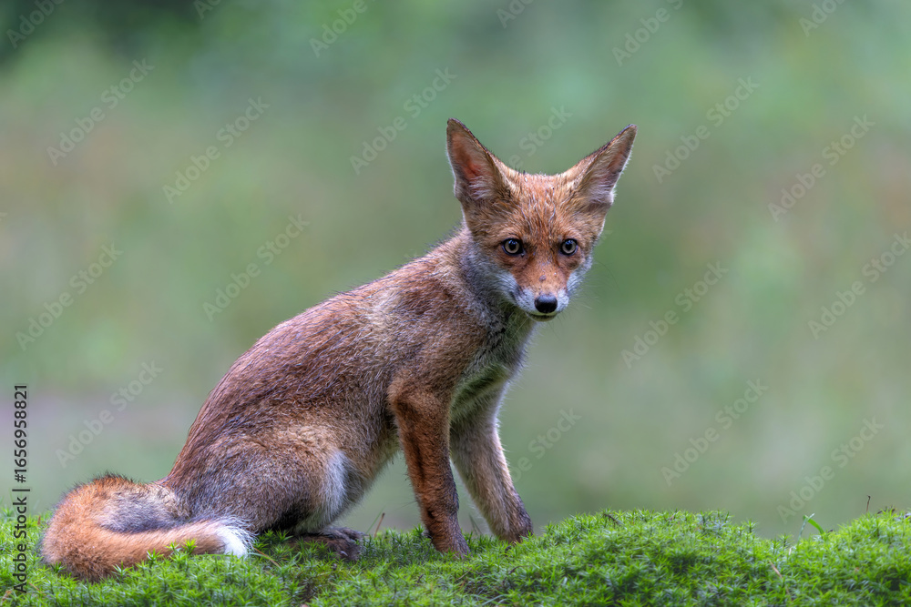 Fototapeta premium Young Red Fox (Vulpes vulpes) searching for food in the forest of Noord-Brabant in the Netherlands