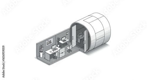 Modern office pod with isometric interior design for remote work