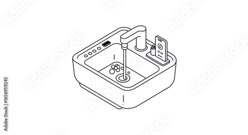 Smart kitchen sink with touch controls and bottle in isometric design