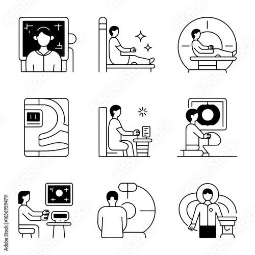 Nine Medical Diagnostic Icons:  Black Line Art Illustrations of Patients Undergoing Various Scans and Tests
