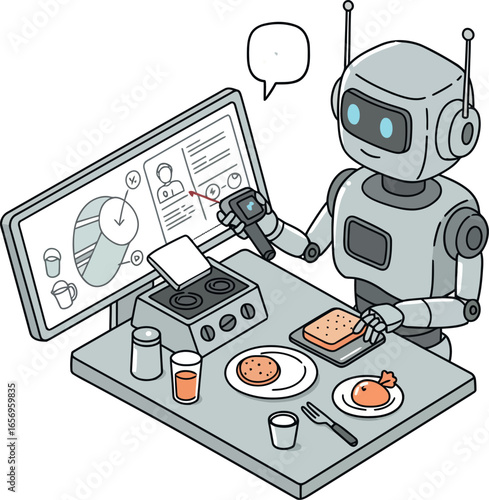Futuristic robot preparing breakfast in isometric style at modern kitchen table