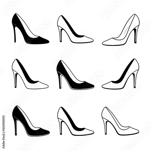Nine High Heel Shoe Icons: Black, White, and Outline Variations in a 3x3 Grid