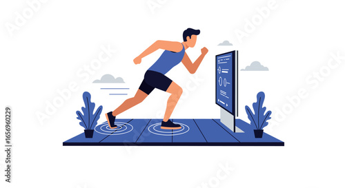 Digital fitness: man running on interactive treadmill in flat design