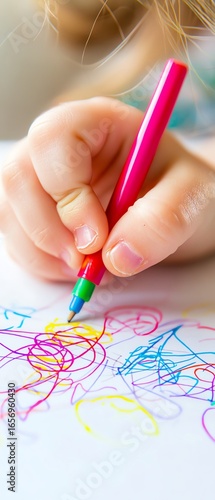 Close-up of child's hand drawing with colorful crayons, creating art on paper.