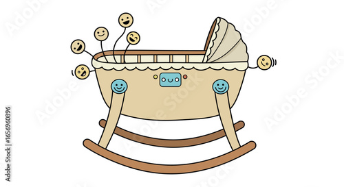 Playful baby cradle with smiling emojis in cartoon style
