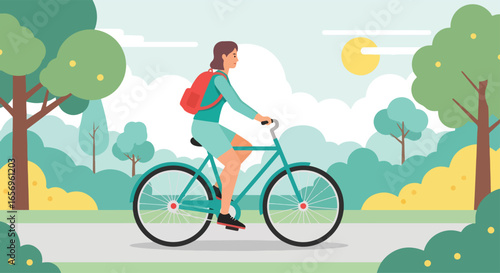 Flat style vector illustration of a woman cycling during her summer holiday in a park landscape
