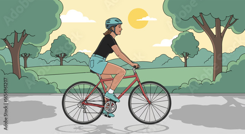 Flat style vector illustration of a woman cycling during her summer holiday in a park landscape