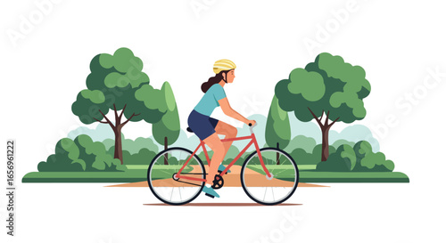 Flat style vector illustration of a woman cycling during her summer holiday in a park landscape